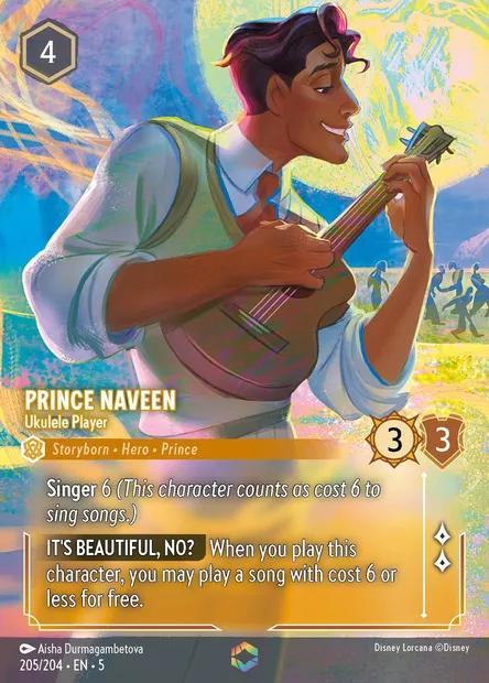 Prince Naveen - Ukulele Player, Disney Lorcana card CH5-205 — Shimmering Skies set