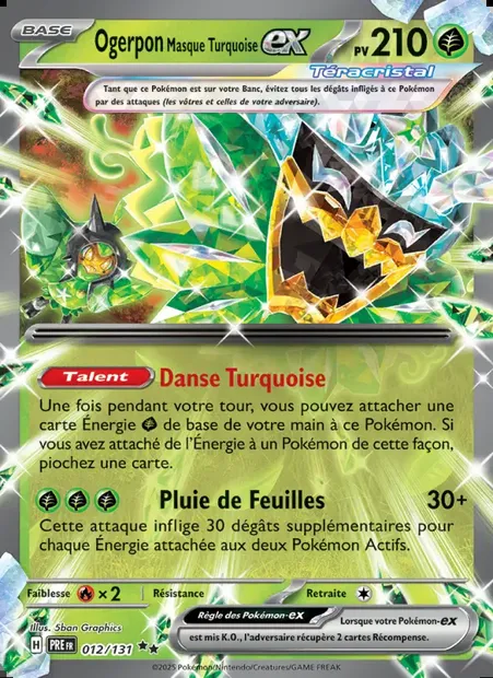 Ogerpon Masque Turquoise-ex, carte Pokémon PRE 012 — extension Évolutions Prismatiques
