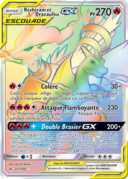 Reshiram et Dracaufeu GX, carte Pokémon UNB 217 — extension Alliance Infaillible