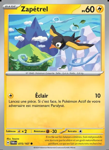 Zapétrel, carte Pokémon TWM 075 — extension Mascarade Crépusculaire