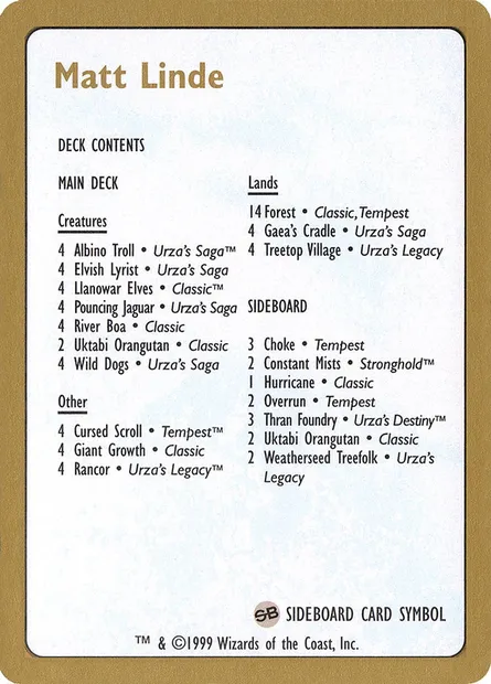 Matt Linde Decklist, Magic card WC99 ml0b — World Championship Decks 1999 set