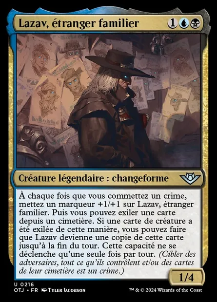 Lazav, étranger familier, carte Magic OTJ 216 — extension Outlaws of Thunder Junction