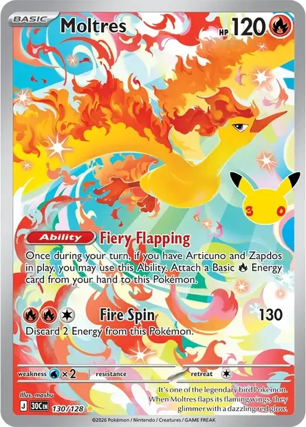 Moltres, Pokémon card 30C 130 — 30th Celebration set