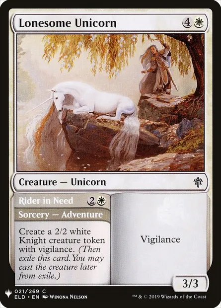 Licorne solitaire // Cavalière dans le besoin, carte Magic PLST ELD-21 — extension The List