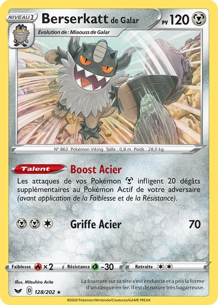Berserkatt de Galar, carte Pokémon SSH 128 — extension Épée et Bouclier