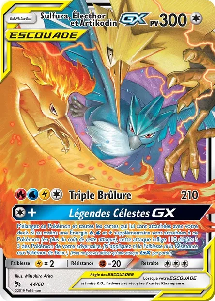 Sulfura, Électhor et Artikodin-GX, carte Pokémon HIF 44 — extension Destinées Occultes