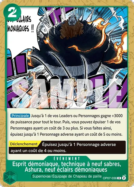 Esprit démoniaque, technique à neuf sabres, Ashura, neuf éclairs démoniaques, carte One Piece OP07-036 — extension 500 YEARS IN THE FUTURE