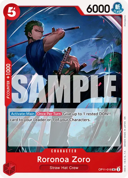 Roronoa Zoro, One Piece card OP11-016 — A FIST OF DIVINE SPEED set