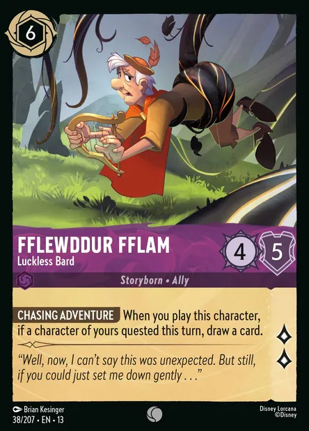 Fflewddur Fflam - Luckless Bard, Disney Lorcana card CH13-038 — Attack of the Vine! set