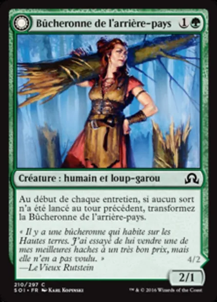Bûcheronne de l'arrière-pays // Destructrice des forêts, carte Magic SOI 210 — extension Ténèbres sur Innistrad