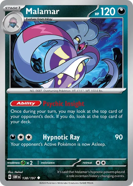 Malamar, Pokémon card OBF 138 — Obsidian Flames set