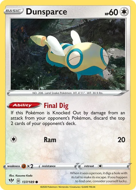 Dunsparce, Pokémon card DAA 137 — Darkness Ablaze set