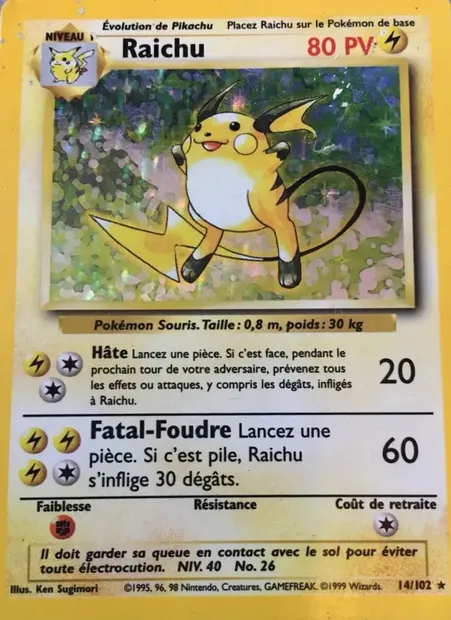 Raichu, carte Pokémon BS 14 — extension Set de Base