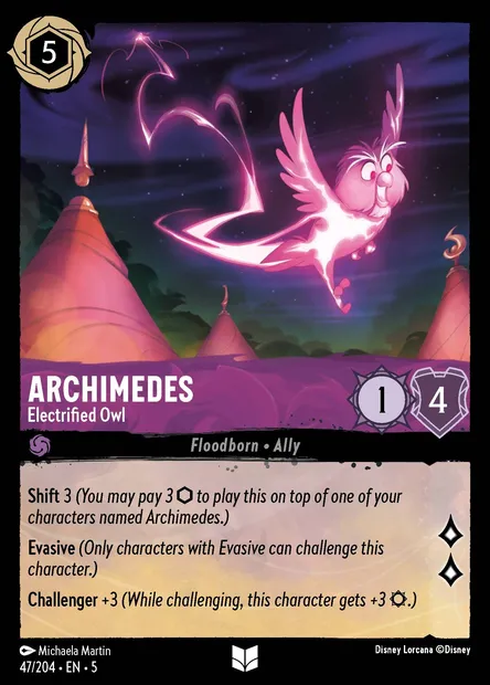 Archimedes - Electrified Owl, Disney Lorcana card CH5-047 — Shimmering Skies set