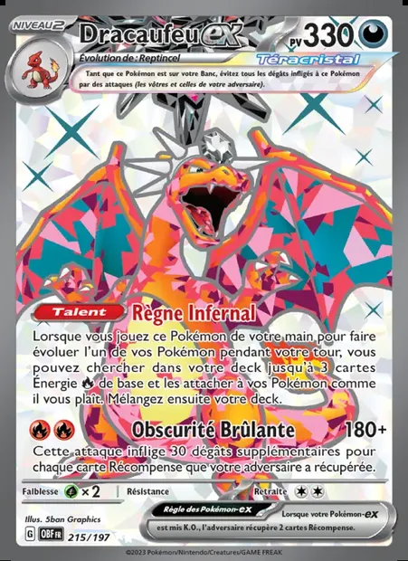 Dracaufeu-ex, carte Pokémon OBF 215 — extension Flammes Obsidiennes
