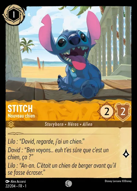 Stitch - Nouveau chien, carte Disney Lorcana CH1-022 — extension Premier Chapitre