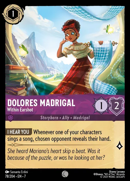 Dolores Madrigal - Within Earshot, Disney Lorcana card CH7-078 — Archazia's Island set