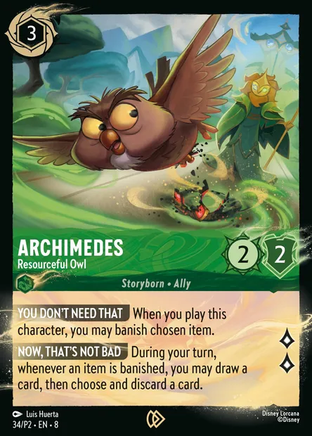 Archimedes - Resourceful Owl, Disney Lorcana card P2-034 — P2 set