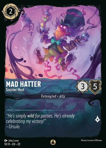 Mad Hatter - Sinister Host, Disney Lorcana card Q1-010 — Illumineer's Quest: Deep Trouble set