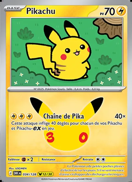 Pikachu, carte Pokémon 30C 034 — extension 30ᵉ Anniversaire