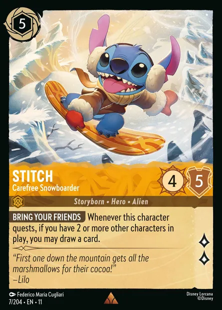 Stitch - Carefree Snowboarder, Disney Lorcana card CH11-007 — Winterspell set
