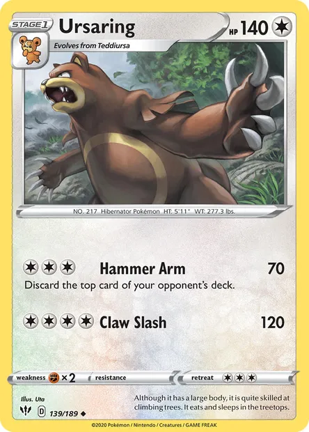 Ursaring, Pokémon card DAA 139 — Darkness Ablaze set