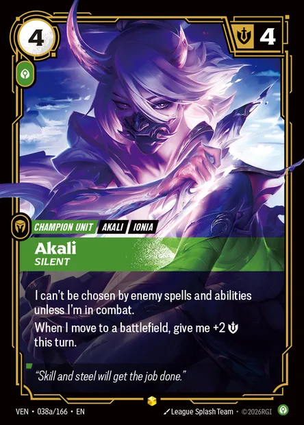 Akali, carte Riftbound VEN 038a — extension Vendetta