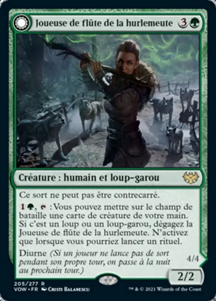 Joueuse de flûte de la hurlemeute // Hurleuse de chant sauvage, carte Magic VOW 205 — extension Innistrad : noce écarlate