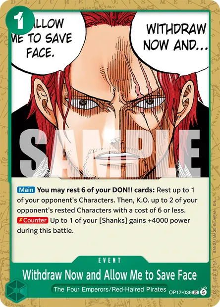 Withdraw Now and Allow Me to Save Face, One Piece card OP17-036 — THE WORLD’S STRONGEST WARRIORS set