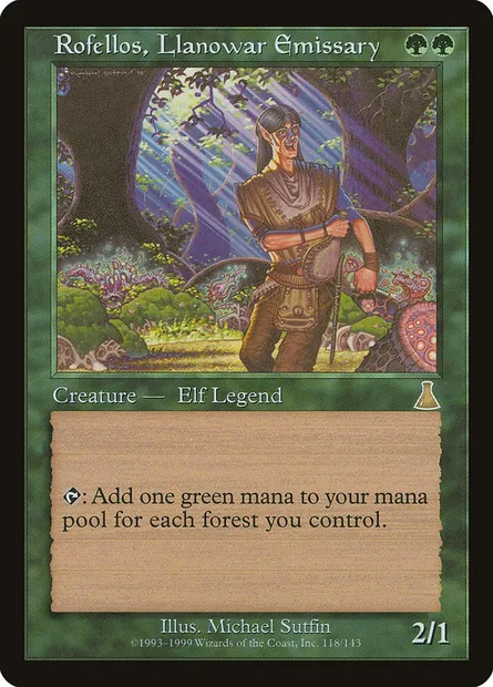 Rofellos, Llanowar Emissary, Magic card UDS 118 — Urza's Destiny set