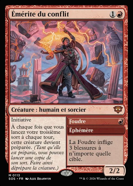 Émérite du conflit // Lightning Bolt, carte Magic SOS 113 — extension Secrets of Strixhaven