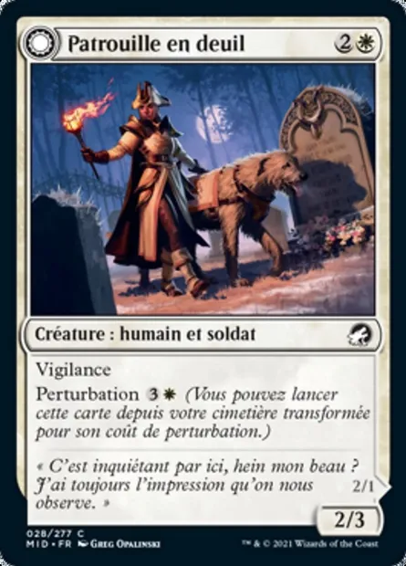 Patrouille en deuil // Apparition matinale, carte Magic MID 28 — extension Innistrad : chasse de minuit