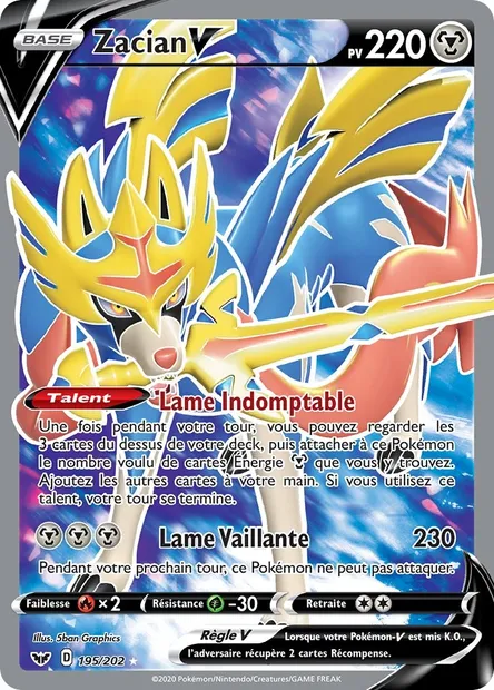 Zacian V, carte Pokémon SSH 195 — extension Épée et Bouclier