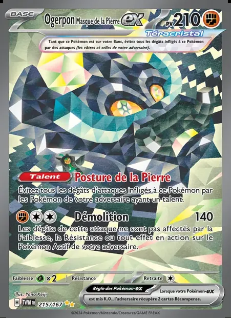 Ogerpon Masque de la Pierre-ex, carte Pokémon TWM 215 — extension Mascarade Crépusculaire