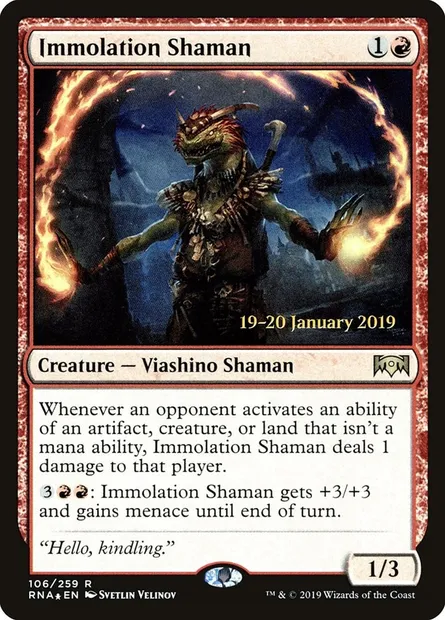 Shamane d'immolation, carte Magic PRNA 106s — extension Ravnica Allegiance Promos