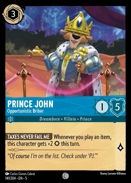 Prince John - Opportunistic Briber, Disney Lorcana card CH5-141 — Shimmering Skies set