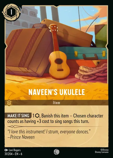 Naveen's Ukulele, Disney Lorcana card CH6-031 — Azurite Sea set