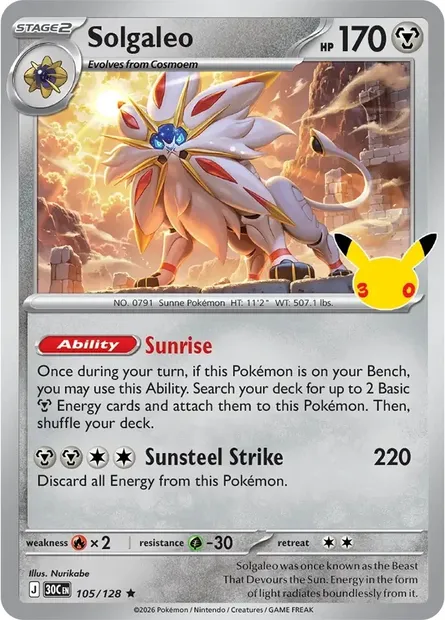 Solgaleo, Pokémon card 30C 105 — 30th Celebration set