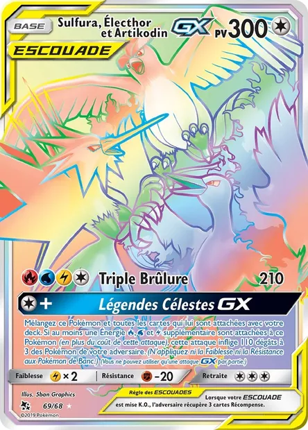 Sulfura, Électhor et Artikodin-GX, carte Pokémon HIF 69 — extension Destinées Occultes