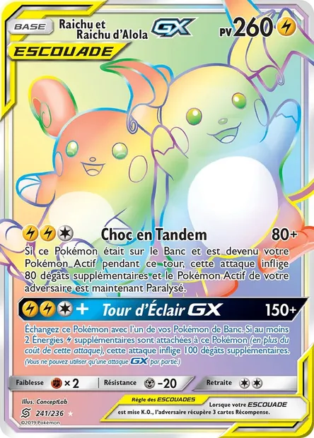 Raichu et Raichu d’Alola GX, carte Pokémon UNM 241 — extension Harmonie des Esprits
