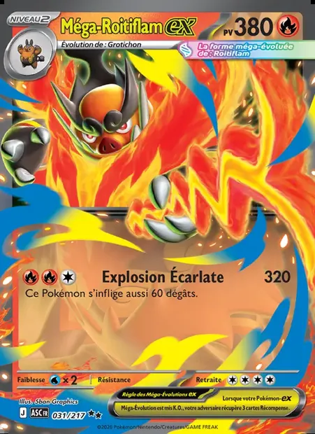 Méga-Roitiflam-ex, carte Pokémon ASC 031 — extension Héros Transcendants