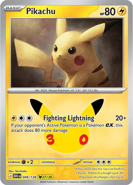 Pikachu, Pokémon card 30C 049 — 30th Celebration set