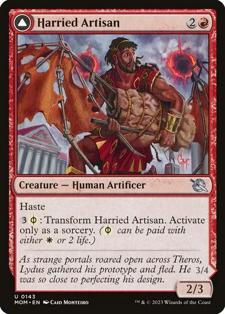 Harried Artisan // Phyrexian Skyflayer, Magic card MOM 143 — March of the Machine set