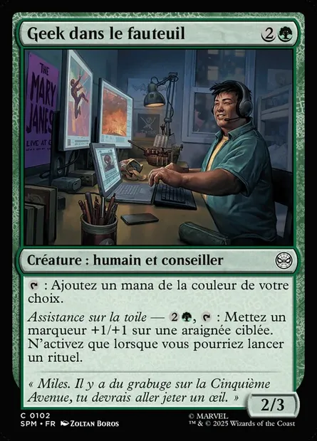 Geek dans le fauteuil, carte Magic SPM 102 — extension Marvel's Spider-Man