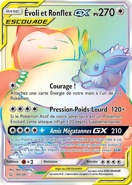Évoli et Ronflex GX, carte Pokémon TEU 191 — extension Duo de Choc