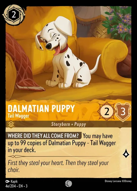 Dalmatian Puppy - Tail Wagger, Disney Lorcana card CH3-004e — Into the Inklands set
