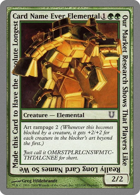 Our Market Research Shows That Players Like Really Long Card Names So We Made this Card to Have the Absolute Longest Card Name Ever Elemental, carte Magic UNH 107 — extension Unhinged