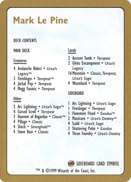 Mark Le Pine Decklist, carte Magic WC99 mlp0b — extension World Championship Decks 1999