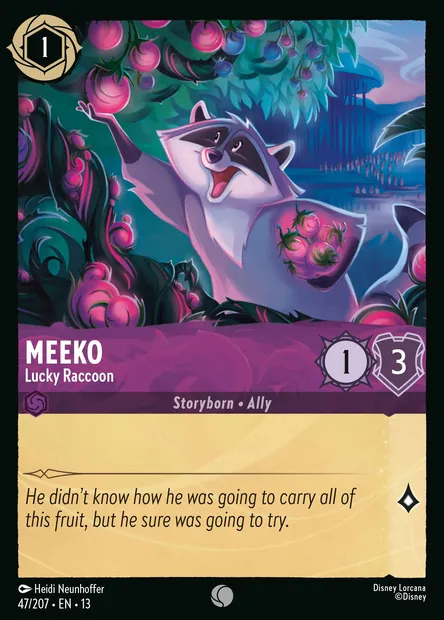 Meeko - Lucky Raccoon, Disney Lorcana card CH13-047 — Attack of the Vine! set