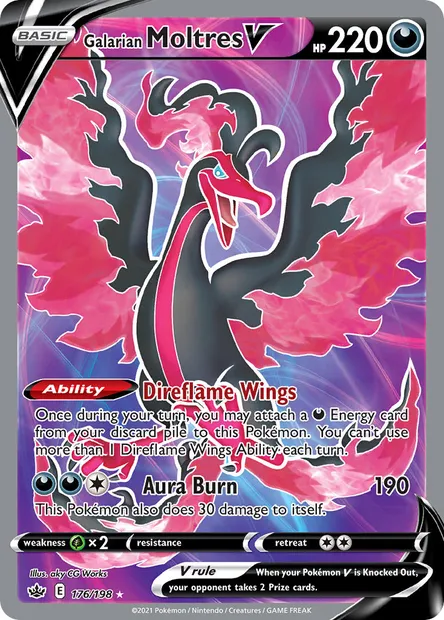 Galarian Moltres V, Pokémon card CRE 176 — Chilling Reign set